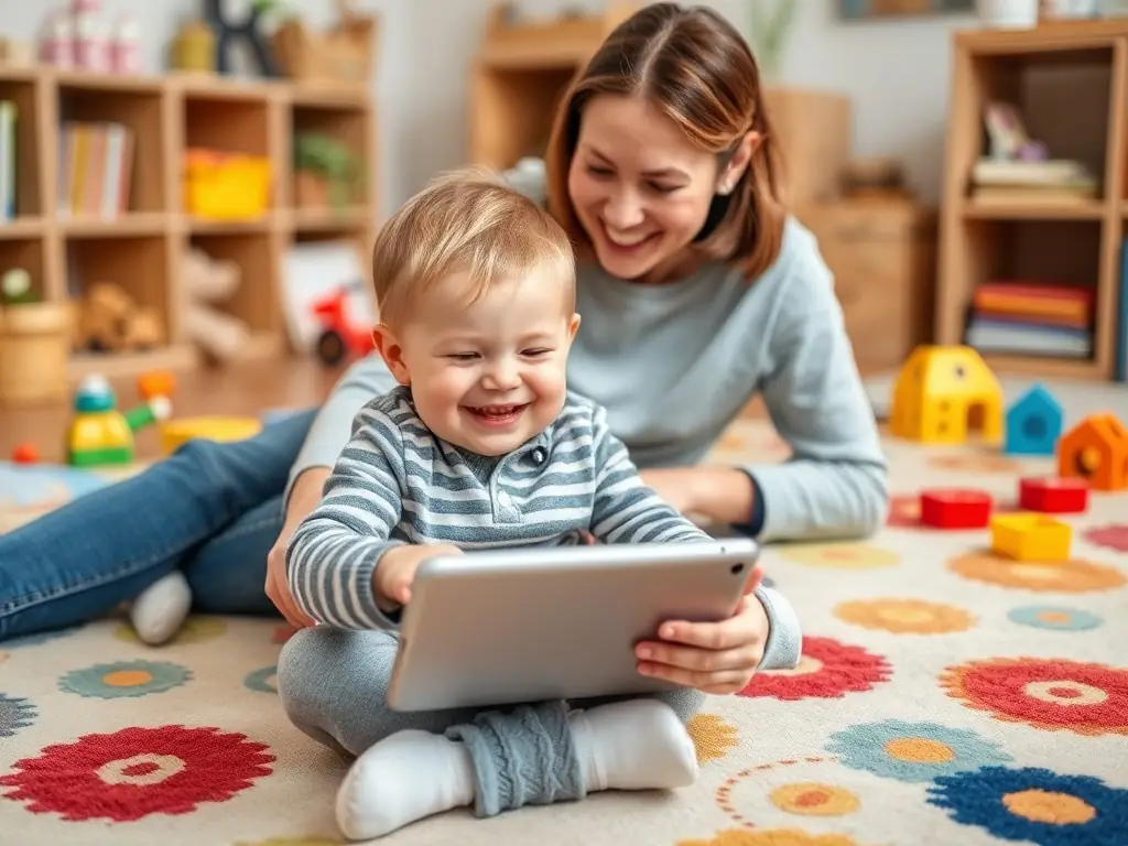 A child happily using a tablet with parental supervision in a playful room.