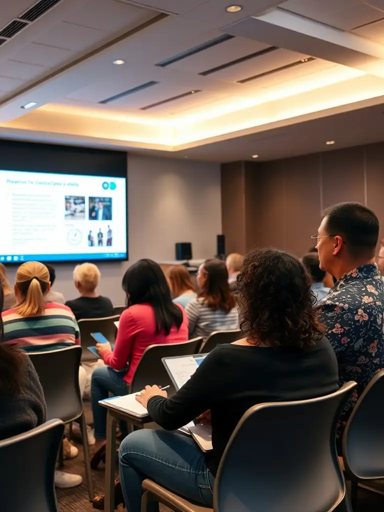 A diverse group of parents and educators participating in an online cyber safety course with a digital presentation.