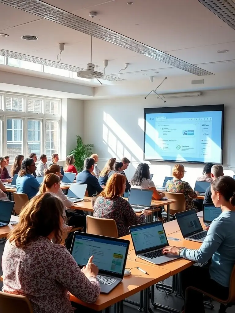 Educators in a bright classroom learning about cyber safety strategies with laptops and digital resources.