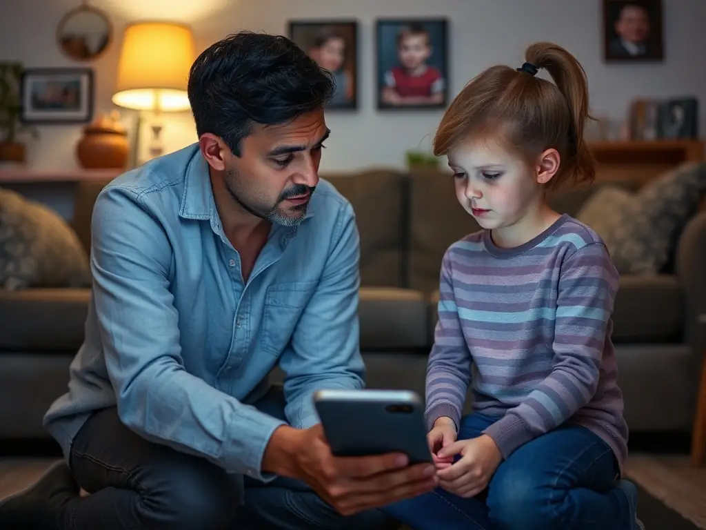 A concerned parent discussing cyberbullying with their child in a cozy living room.