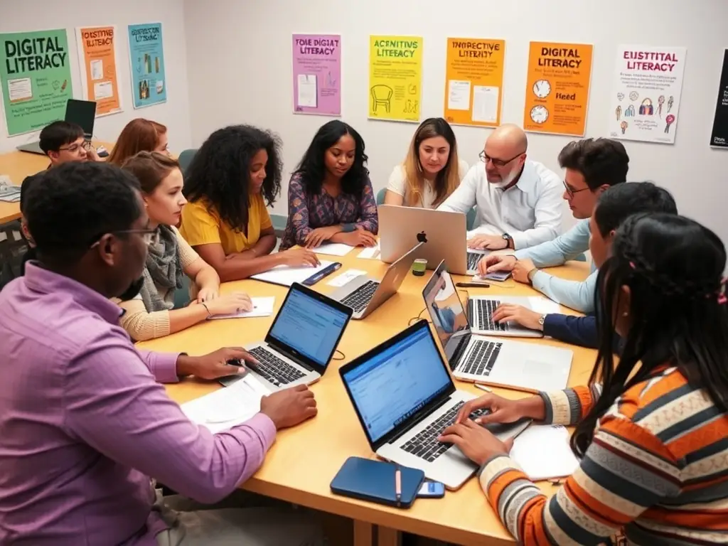 A diverse group of adults engaged in a digital literacy workshop, sharing ideas and using laptops.