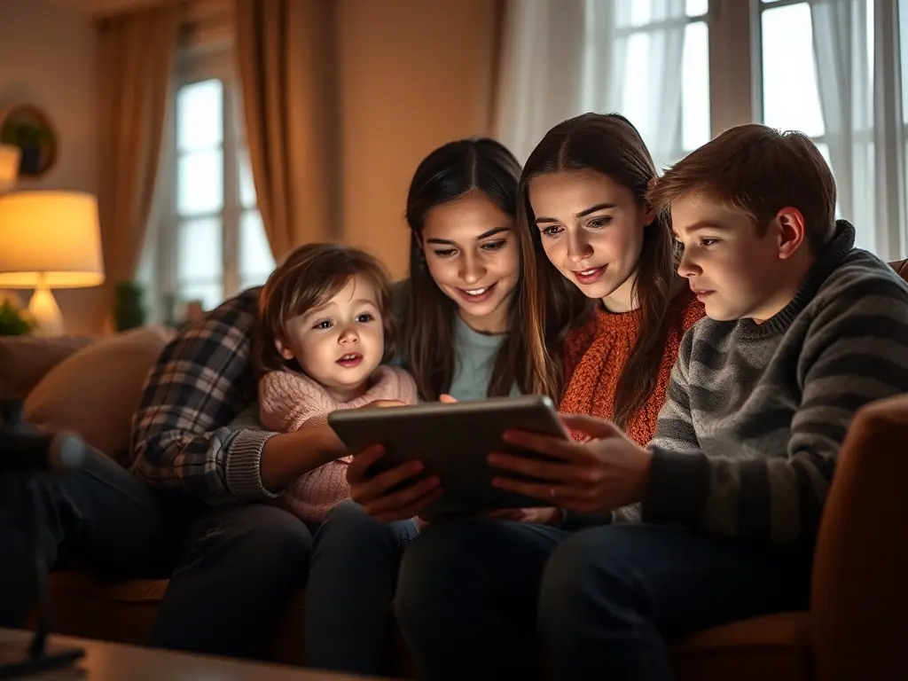 A family discussing online privacy at home in a cozy living room.