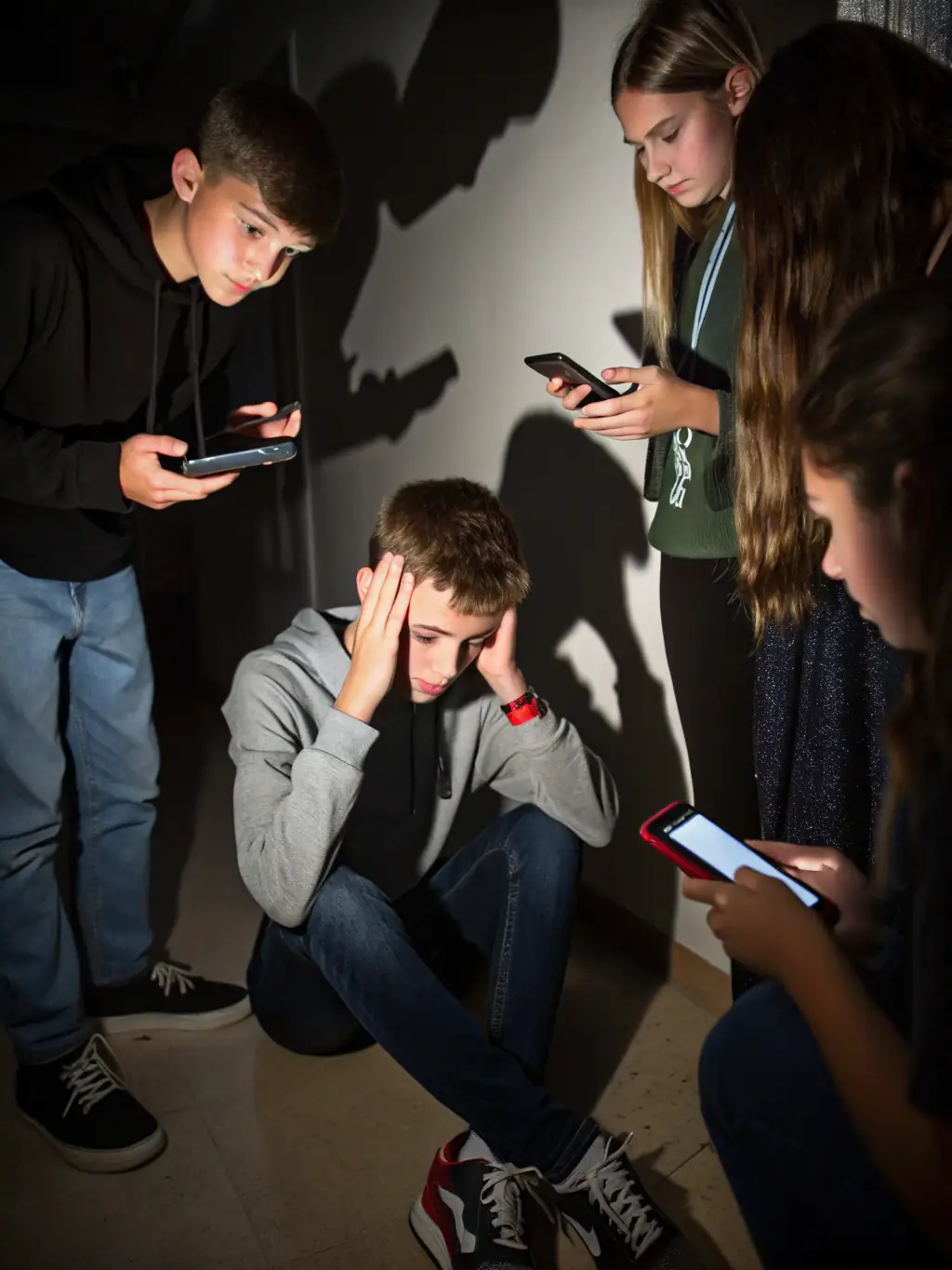 A group of children looking upset while staring at a laptop screen, symbolizing the impact of cyberbullying and the need for intervention.