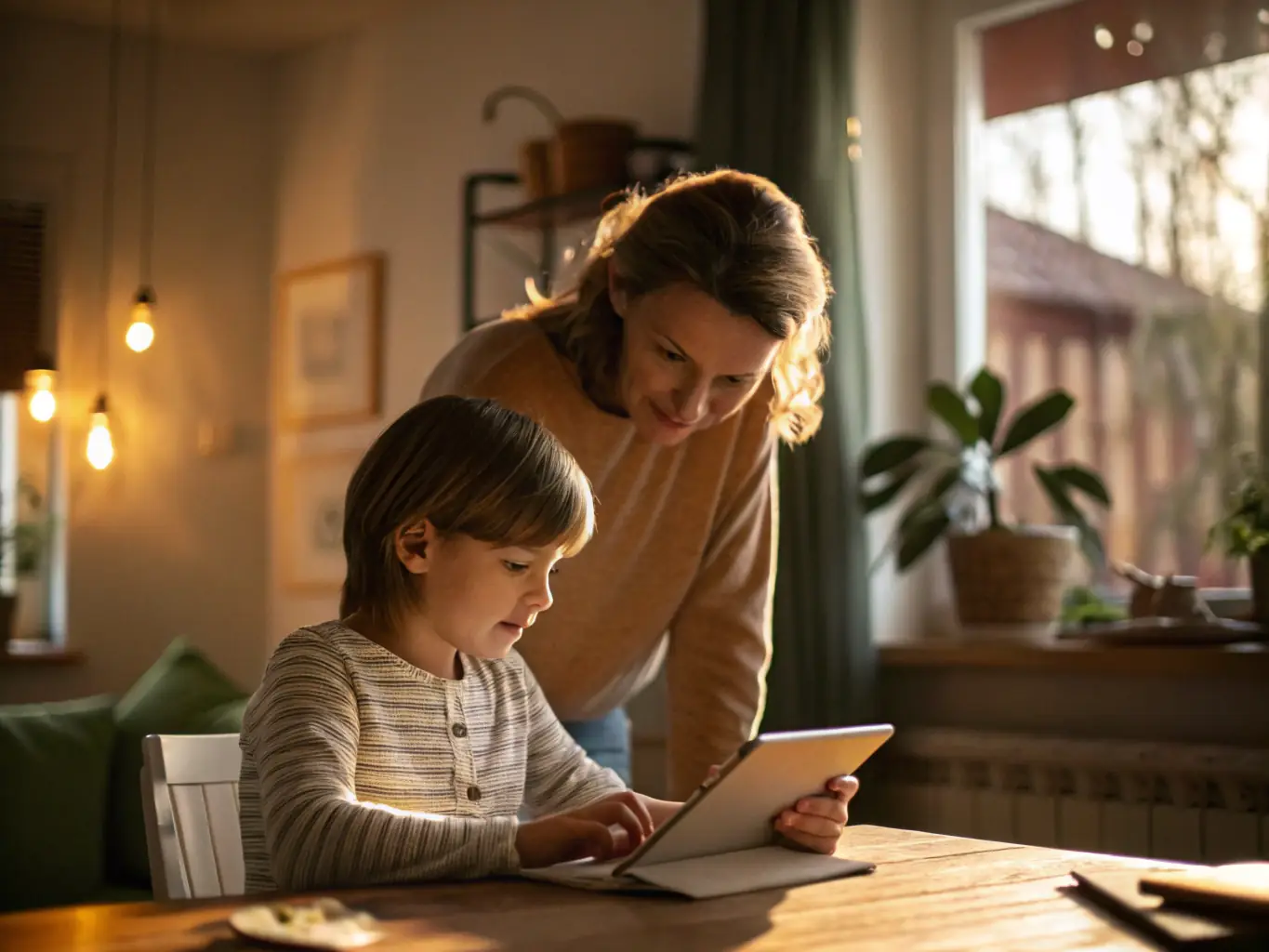 A friendly chatbot interface on a laptop screen, with a family in the background smiling and using their devices safely, symbolizing the support and guidance provided by Cyber Safety Academy.