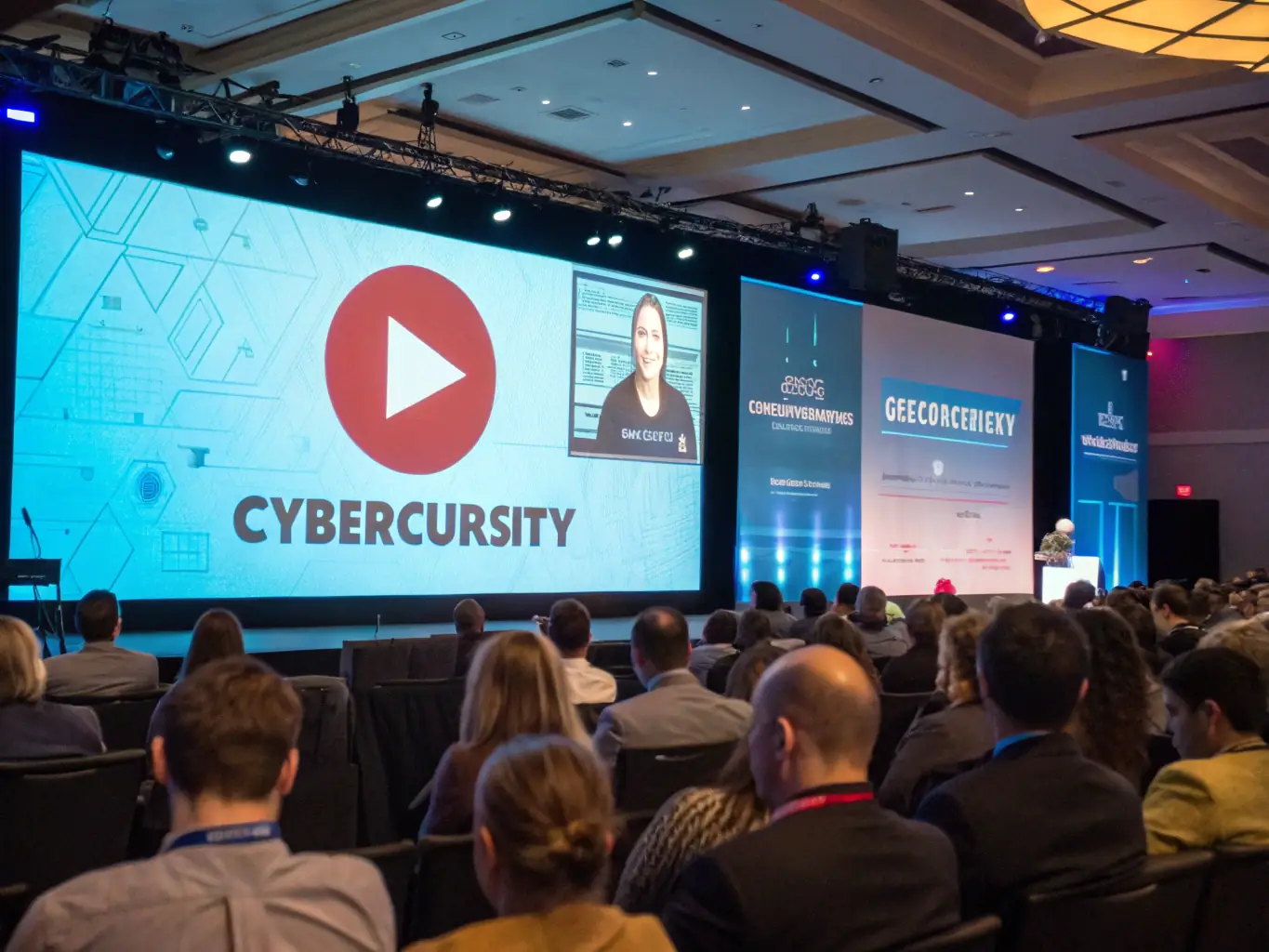 A diverse group of parents and children are gathered around a large screen, participating in a live online presentation about cyber safety, with the Cyber Safety Academy logo subtly displayed in the corner.