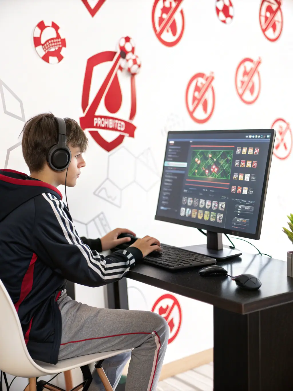 A child playing a video game with a headset on, with subtle overlays of potential online threats and interactions.